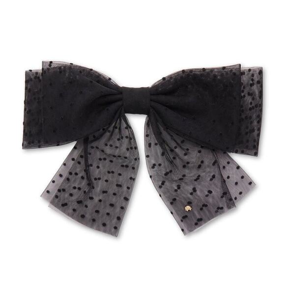 RARE Lele Sadoughi Black Sheer Bow Barrette Gold Charm Logo - Picture 2 of 8